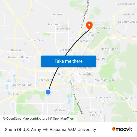 South Of U.S. Army to Alabama A&M University map