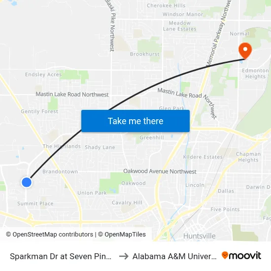 Sparkman Dr at Seven Pine Nb to Alabama A&M University map