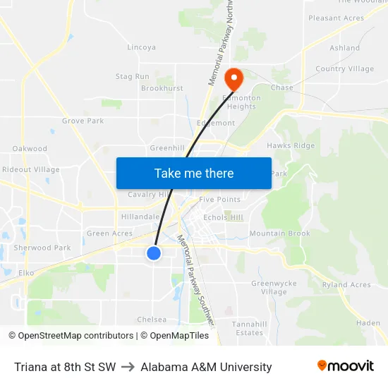 Triana at 8th St SW to Alabama A&M University map