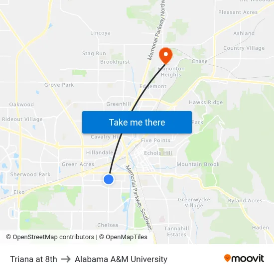 Triana at 8th to Alabama A&M University map
