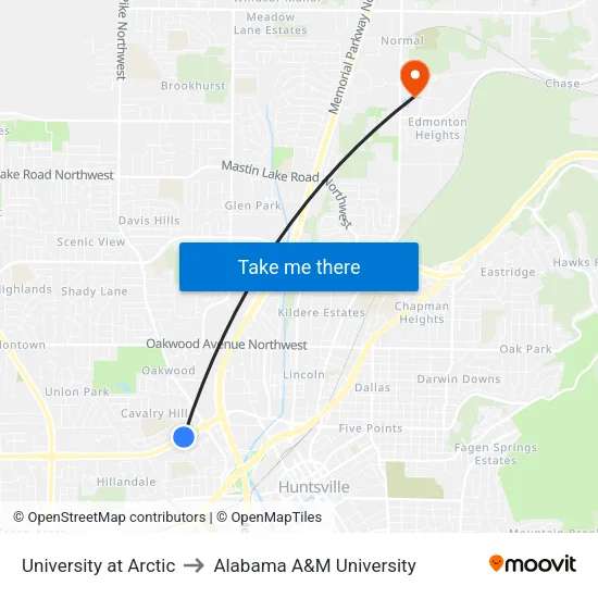 University at Arctic to Alabama A&M University map