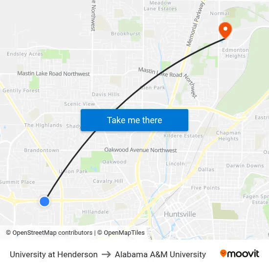 University at Henderson to Alabama A&M University map