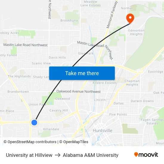 University at Hillview to Alabama A&M University map