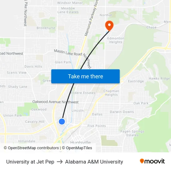University at Jet Pep to Alabama A&M University map