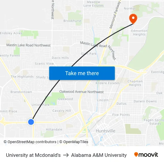 University at Mcdonald's to Alabama A&M University map