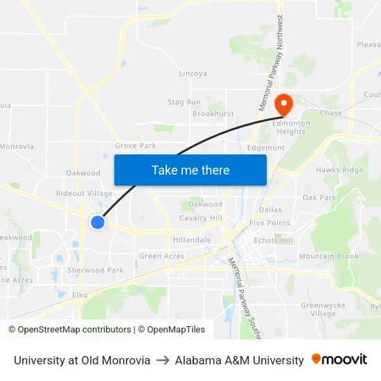 University at Old Monrovia to Alabama A&M University map