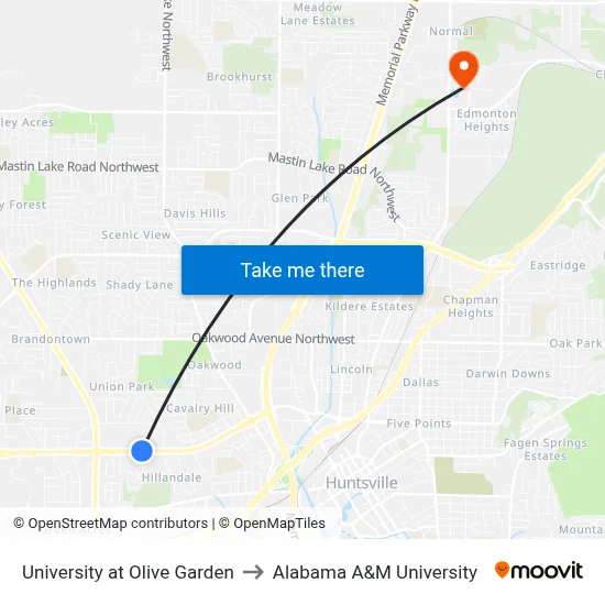 University at Olive Garden to Alabama A&M University map