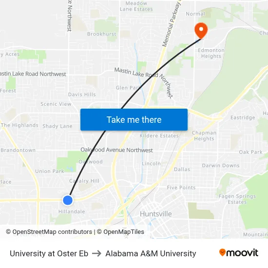 University at Oster Eb to Alabama A&M University map