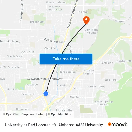 University at Red Lobster to Alabama A&M University map