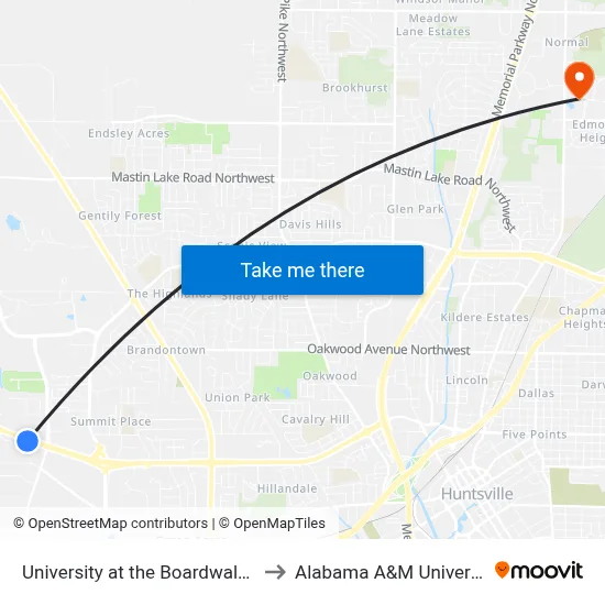 University at the Boardwalk Eb to Alabama A&M University map
