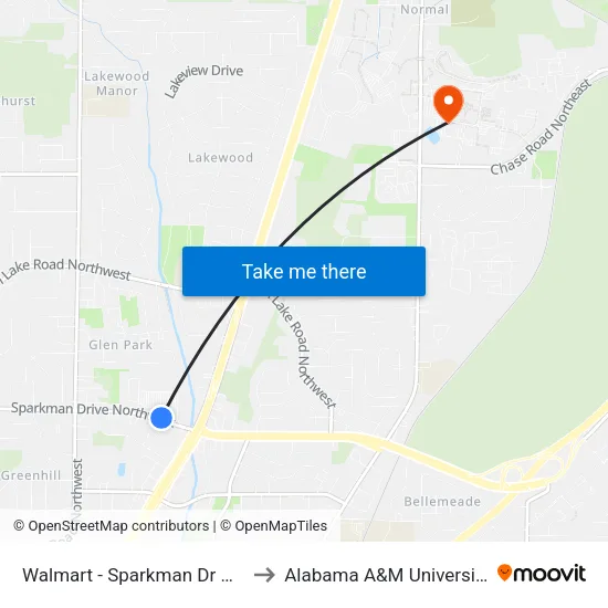Walmart - Sparkman Dr Wb to Alabama A&M University map