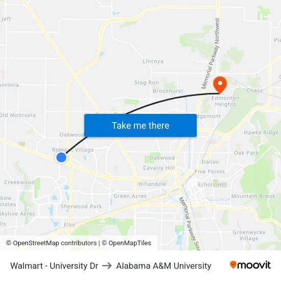 Walmart - University Dr to Alabama A&M University map