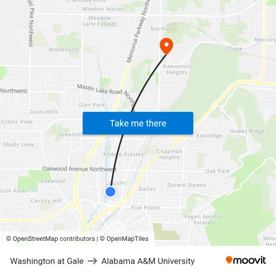 Washington at Gale to Alabama A&M University map