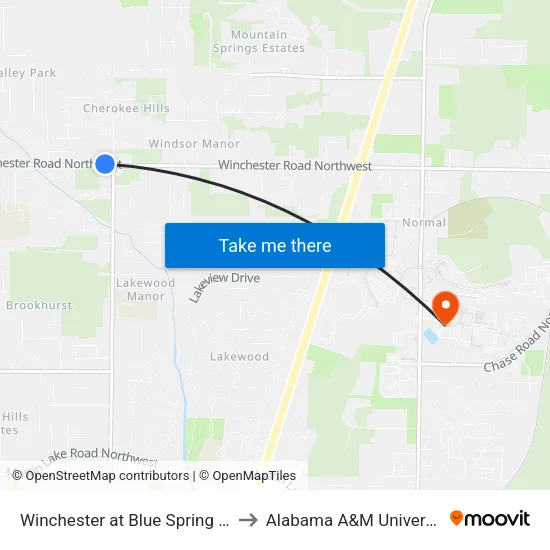 Winchester at Blue Spring Wb to Alabama A&M University map