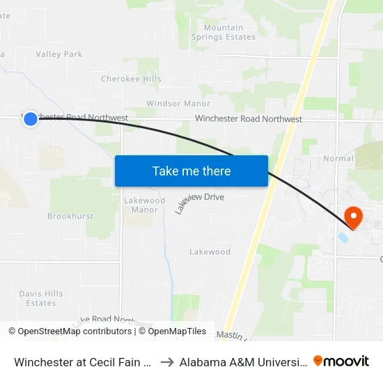 Winchester at Cecil Fain Eb to Alabama A&M University map
