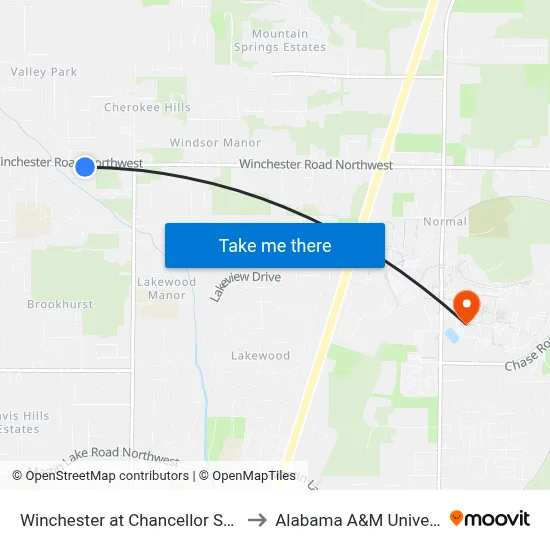 Winchester at Chancellor Square to Alabama A&M University map