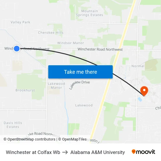 Winchester at Colfax Wb to Alabama A&M University map