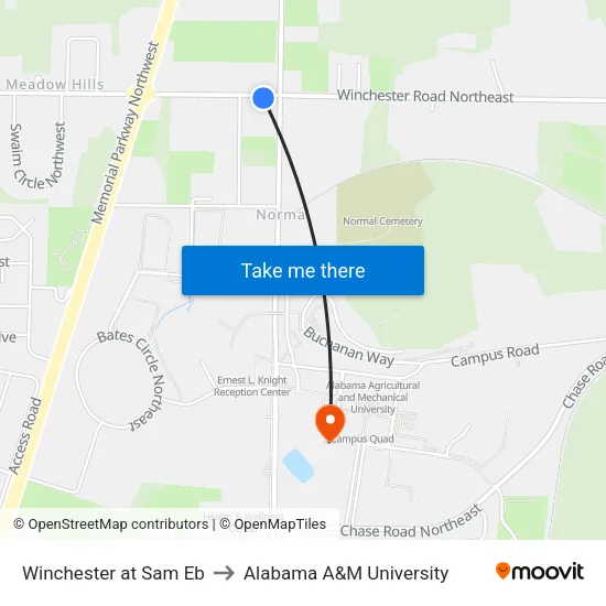 Winchester at Sam Eb to Alabama A&M University map