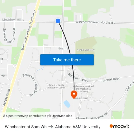 Winchester at Sam Wb to Alabama A&M University map