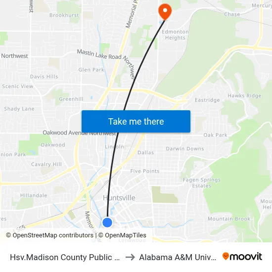 Hsv.Madison County Public Library to Alabama A&M University map