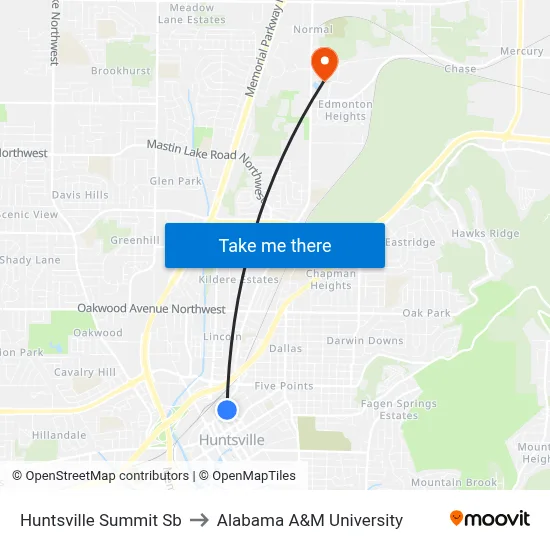 Huntsville Summit Sb to Alabama A&M University map