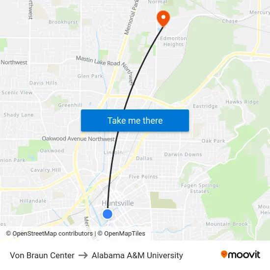 Von Braun Center to Alabama A&M University map