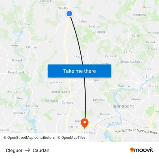 Cléguer to Caudan map
