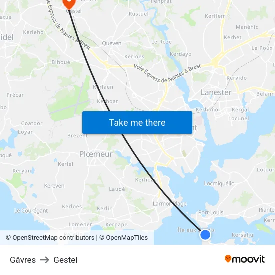 Gâvres to Gestel map