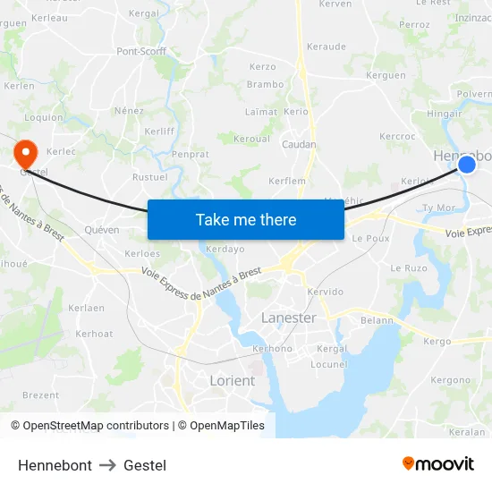 Hennebont to Gestel map
