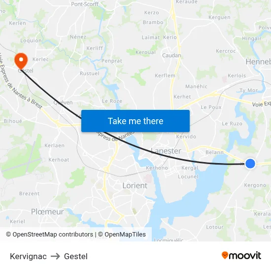 Kervignac to Gestel map