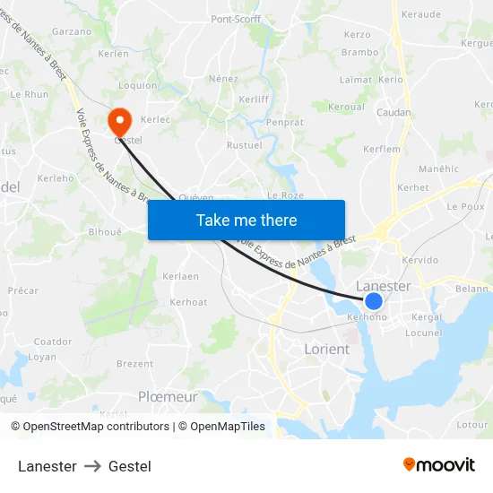 Lanester to Gestel map