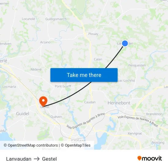 Lanvaudan to Gestel map