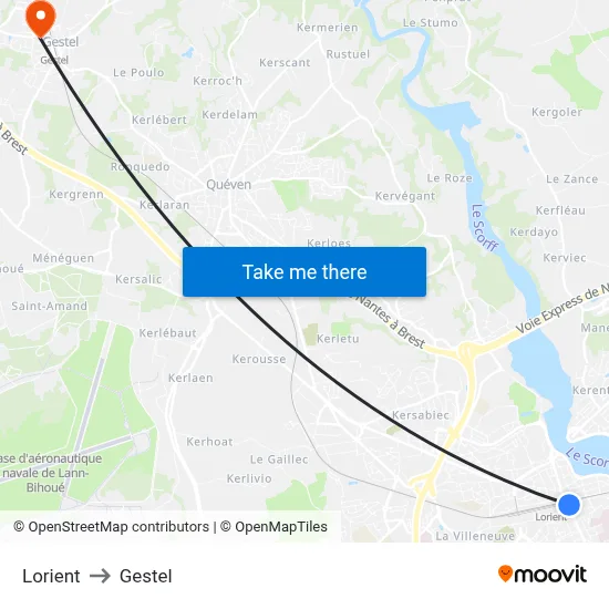 Lorient to Gestel map