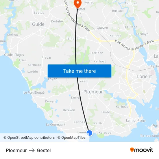 Ploemeur to Gestel map