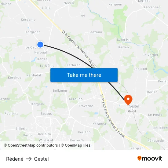 Rédené to Gestel map