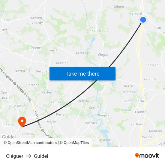 Cléguer to Guidel map