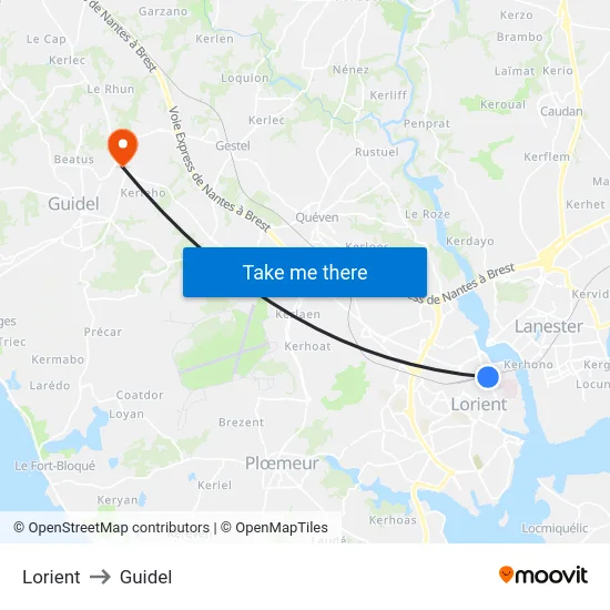 Lorient to Guidel map