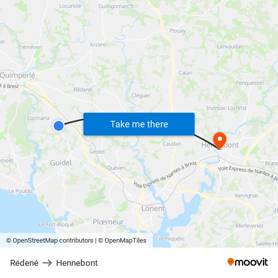 Rédené to Hennebont map