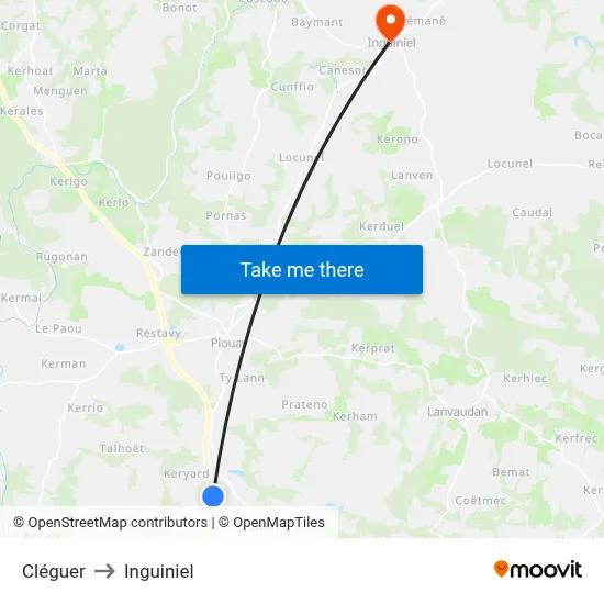 Cléguer to Inguiniel map