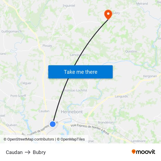 Caudan to Bubry map