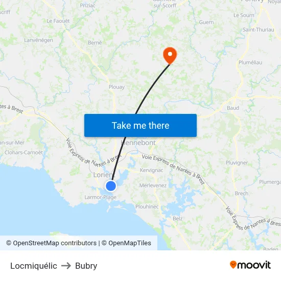 Locmiquélic to Bubry map
