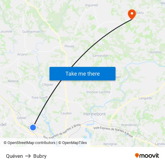 Quéven to Bubry map