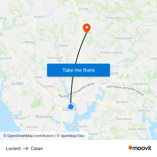 Lorient to Calan map