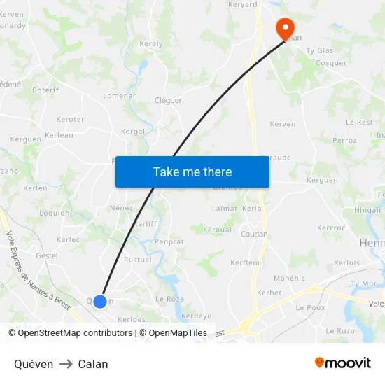 Quéven to Calan map