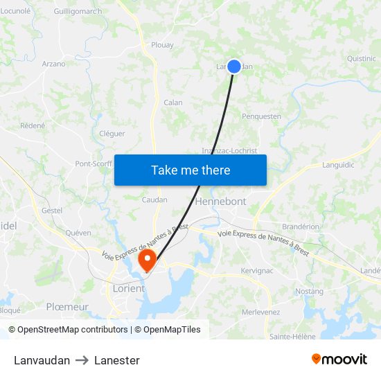 Lanvaudan to Lanester map