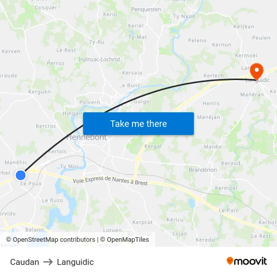 Caudan to Languidic map