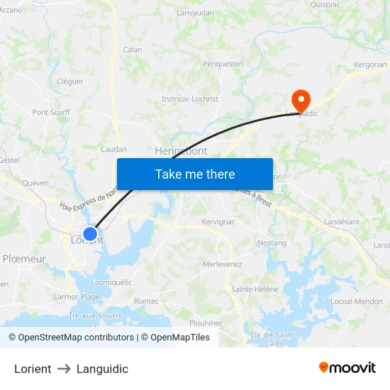 Lorient to Languidic map