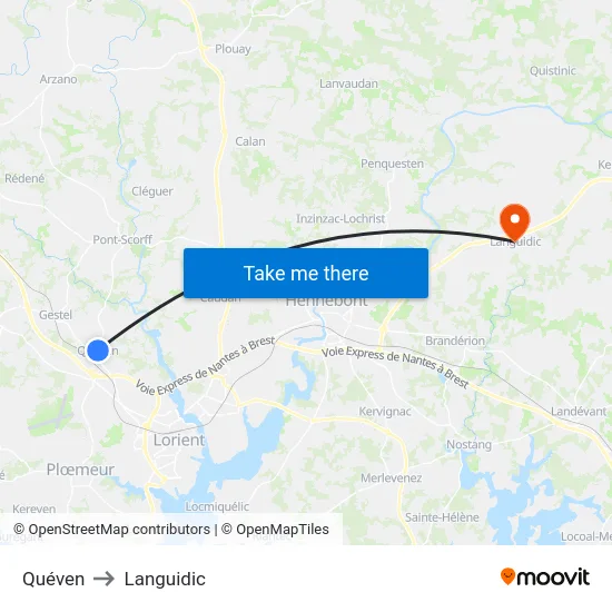 Quéven to Languidic map