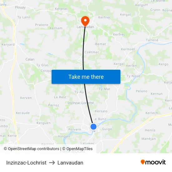 Inzinzac-Lochrist to Lanvaudan map