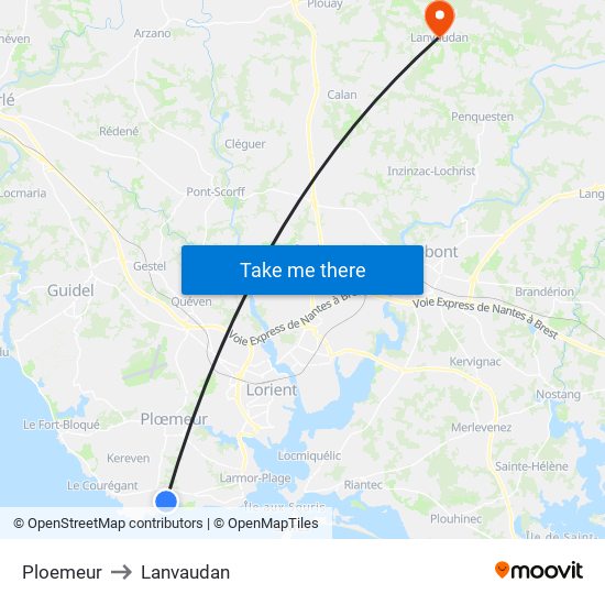 Ploemeur to Lanvaudan map